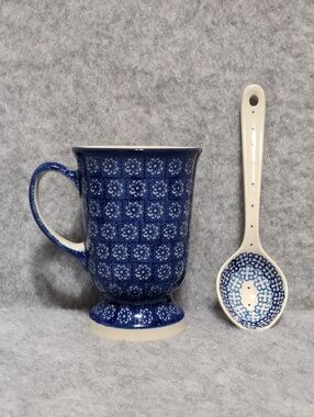 Ceramika Artystyczna Set Of 2 Pzs Coffee Mug & Medium Spoon, Handmade Poland NWT